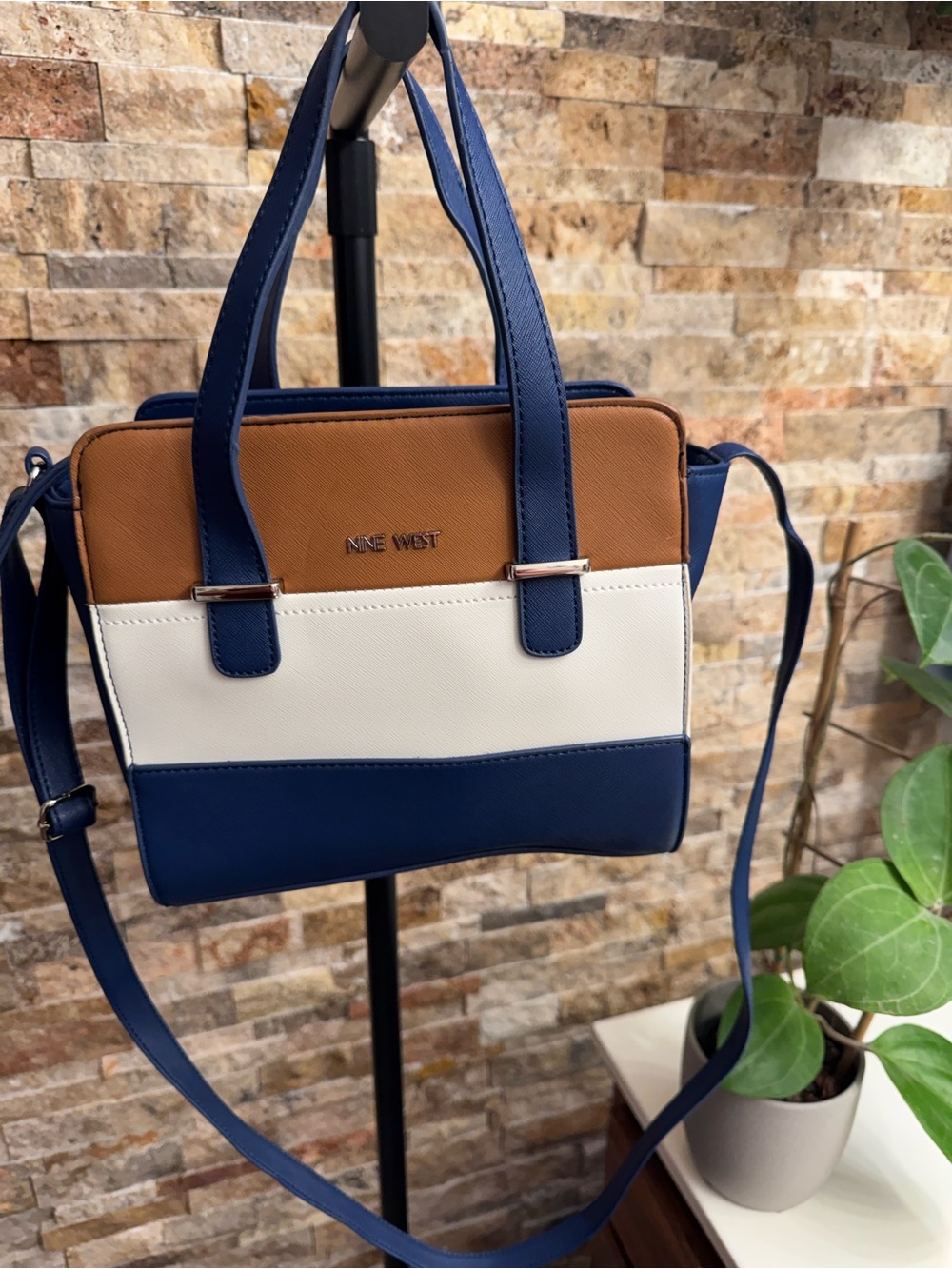 Nine West Navy, White & Tan Colorblock Crossbody Satchel
